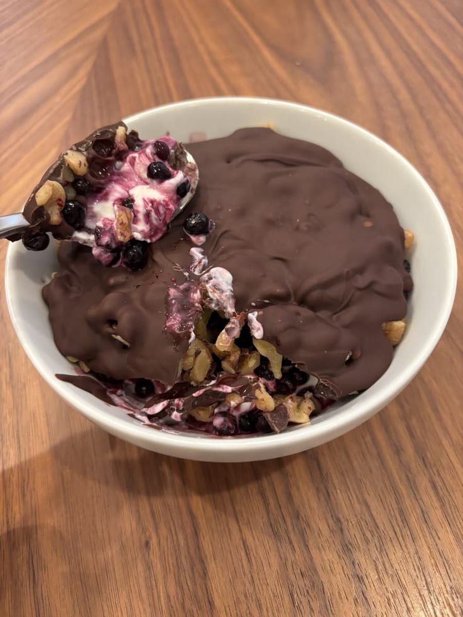 Chocolate Shell Yogurt Bowl with Blueberries and Walnuts, a recipe from Bloomplate 250